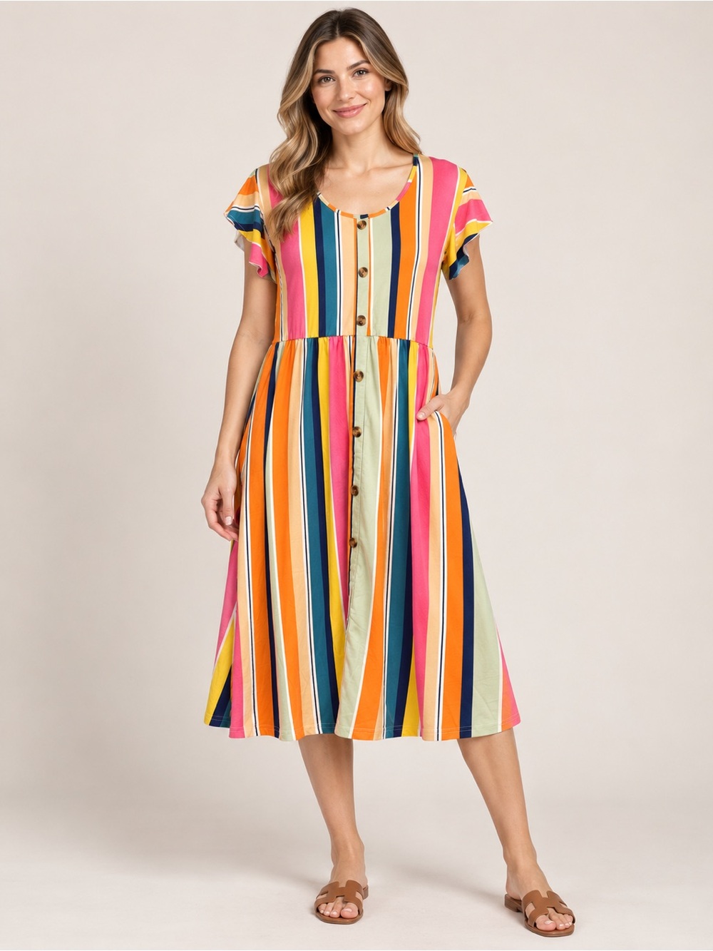 Striped Button-Front Midi Dress in Multicolor